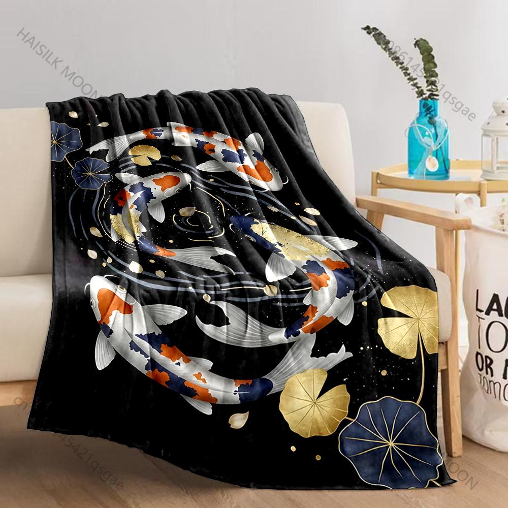 1PC Koi Pair Lotus Stained Glass Print Blanket Flannel Material Soft Warm for All Seasons Home Outdoor Camping Picnics RV