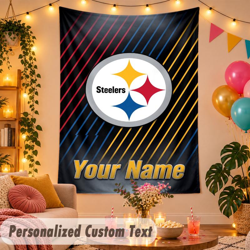 Pittsburgh Steelers Personalized Wall Tapestry Custom Name Text Polyester Hanging Decor Home Room