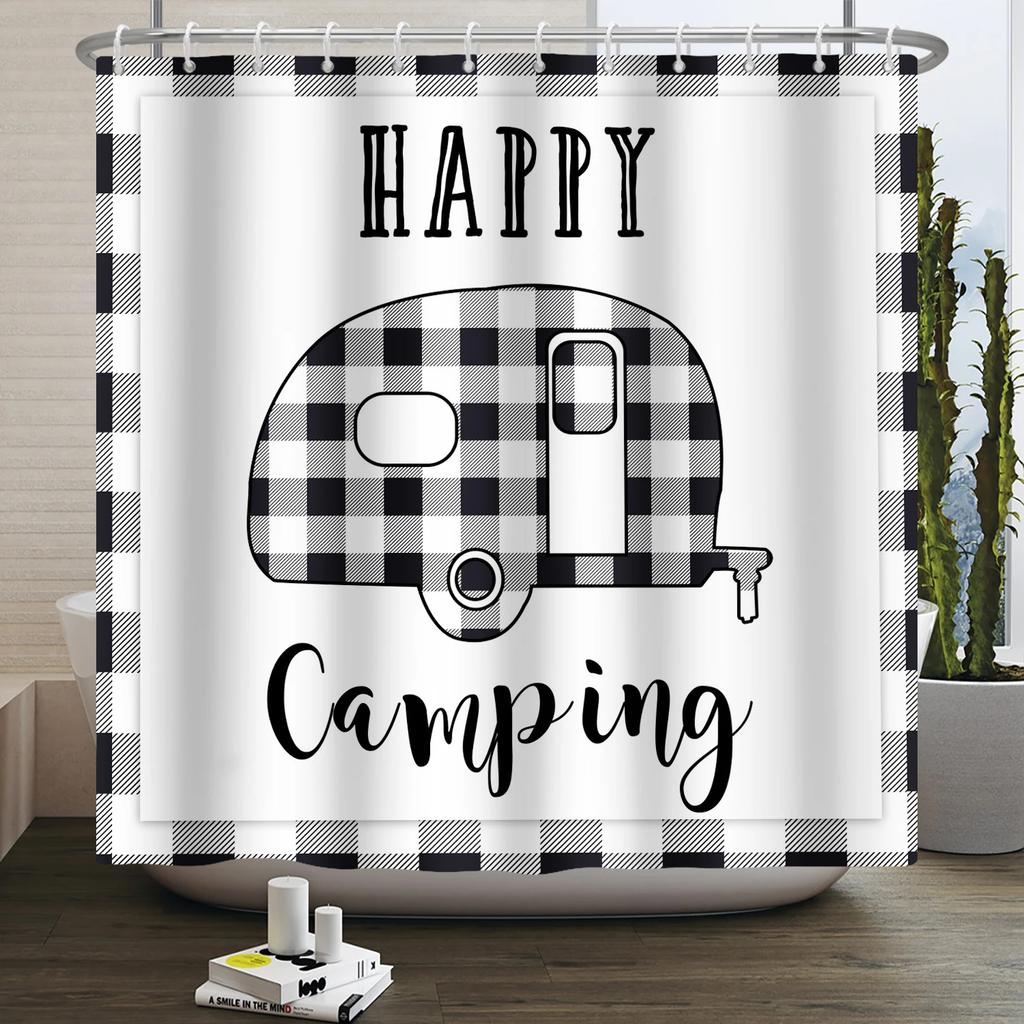 Camper Shower Curtain Happy Camper Trailer Car Rv Forest Mountain Tent Camping Bathroom Shower Curtain Waterproof Bath Curtain