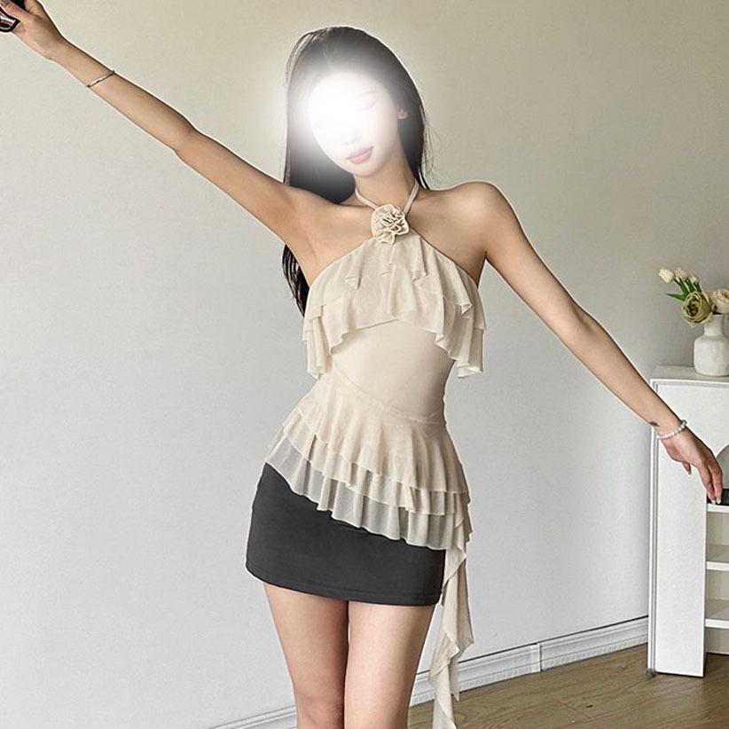 Chic 3D Rose Halter Crop Top - Women's Ruffled Irregular Summer Style