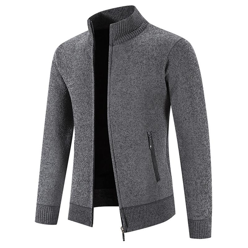 New Velvet Sweater Cardigan Men Stand Collar Mens Sweaters Fleece Thick Warm Knitted Sweater Coat Solid Zipper Pocket Cardigan