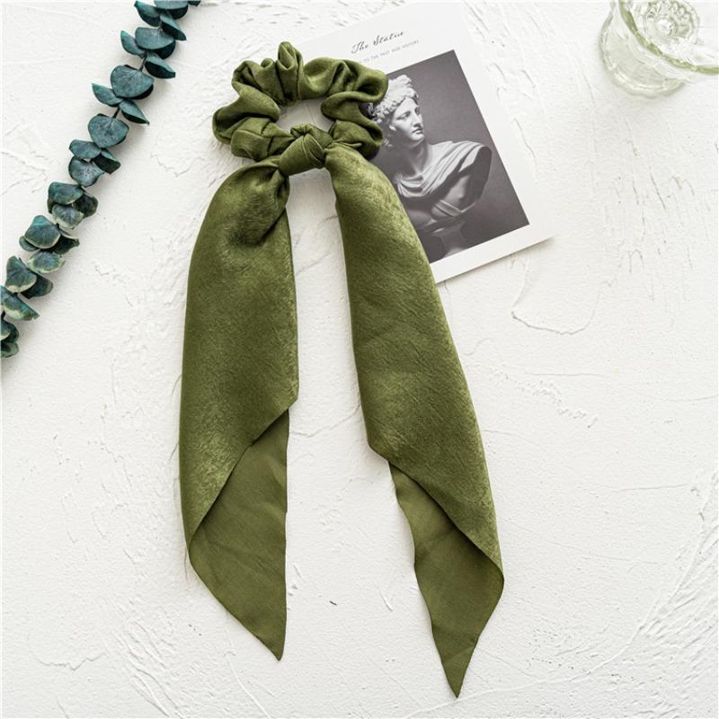 

Long flowing ribbon large braided hair accessory for women - ponytail bun hair band with floral design, simple and elegant. Dark green