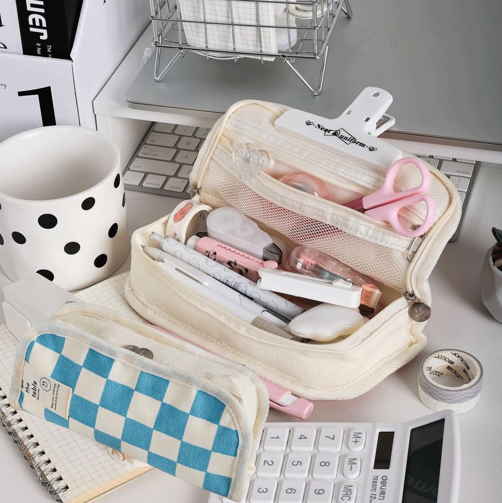 Kawaii Pencil Case Checkerboard Lattice Large Capacity Canvas Pencil Bag for students Multifuncional school Stationery box