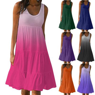 Damen-Weste-Kleider, Sommer, Frühling, plissiert, böhmische Kleider, niedlich, ärmellos, fließend, Strand, gerade, T-Shirt, Tank-Kleider, Rundhals-Kleider