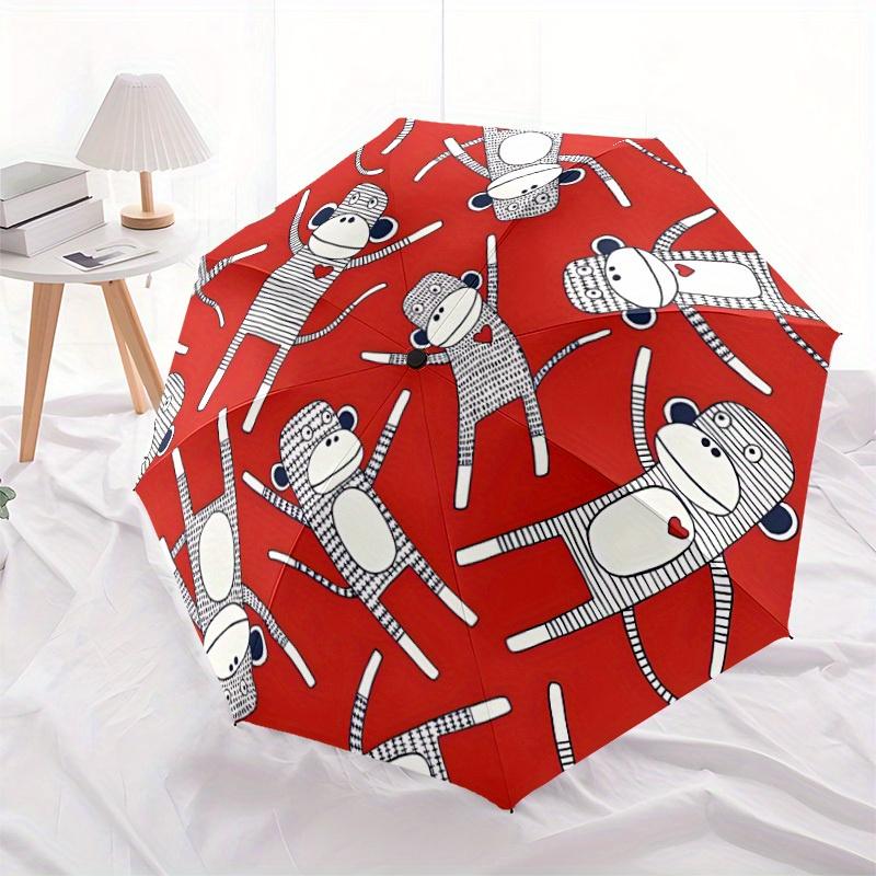 1pc Automatic Open/Close All-Season Portable Folding Umbrella with Cute Monkey Print - Red & White Design, 8-Rib Durable Frame