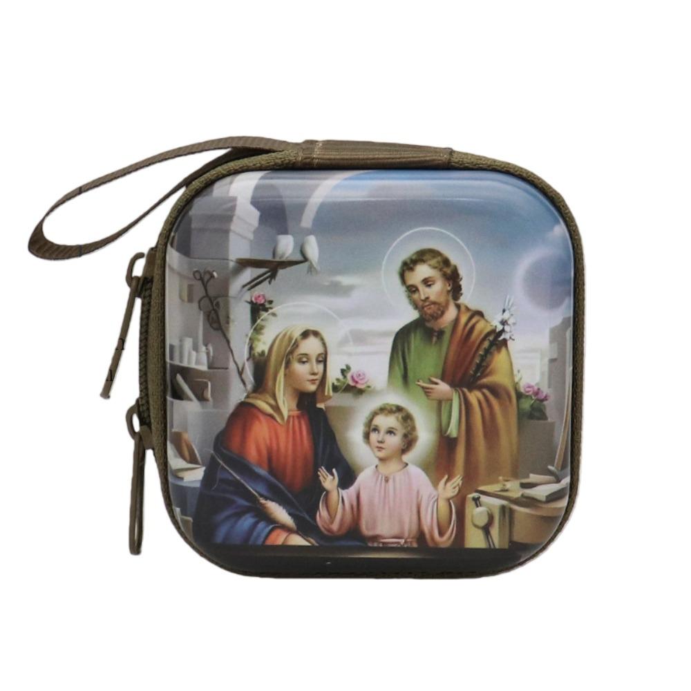 

Virgin Mary Prayer Rosary Storage Bag 7x7cm Iron Artwork Religious Jewelry Box Zippered Cartoon Prayer Kit Christian Devotees