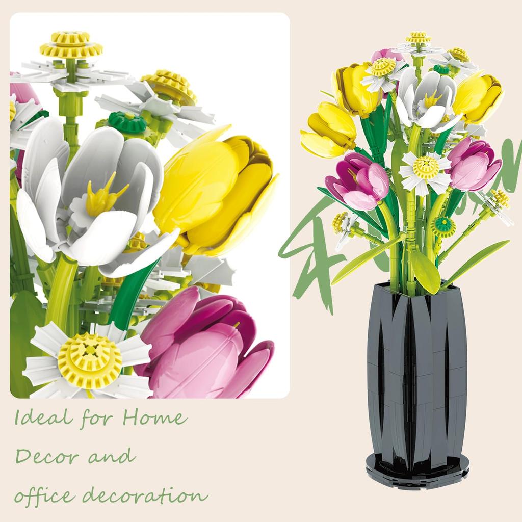 Non-Toxic 1250Pcs Tulip Bouquet Building Blocks Flower Eternal Flower Vase Model Bricks Home Decoration Kids Diy Toys Children Romantic Gifts
