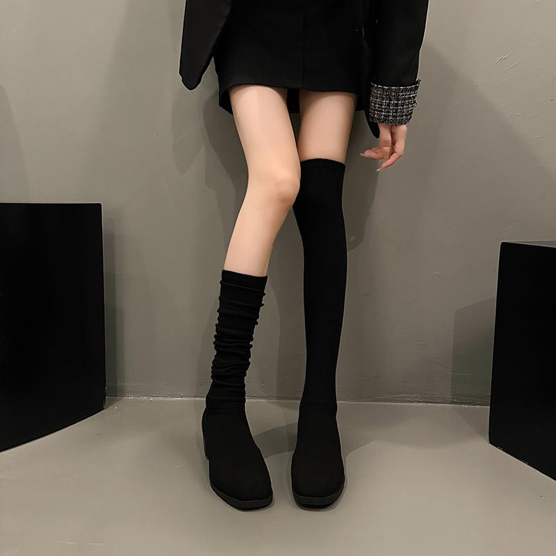 

Модные длинные сапоги-трубы с круглым носком и толстым каблуком на весну и осень-зиму для женщин, эластичные вязаные сапоги до колена 36 чёрный