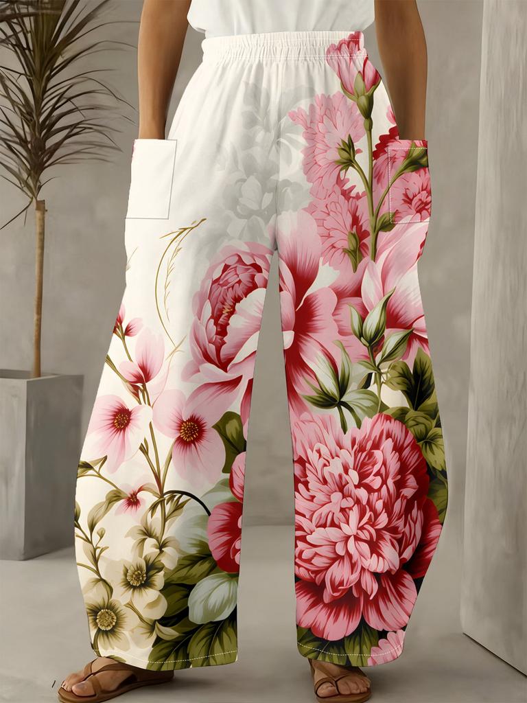 Women's All-Season Elegant Style Beige Pink Peony Print Loose Wide-Leg Pants Soft Fabric Daily Versatile Style