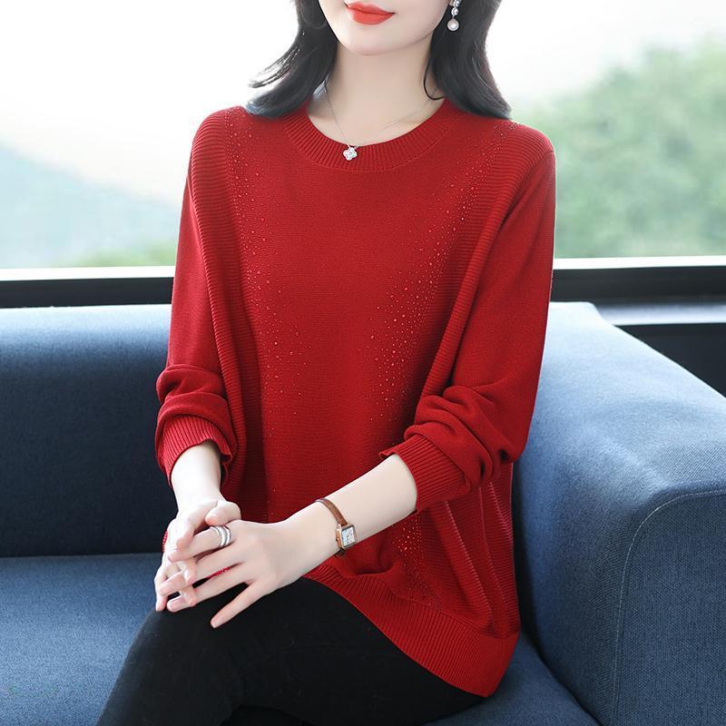 WTEMPO Women's Knitted Sweater Round Neck Sweater Mom Loose Knitted Long Sleeve Top