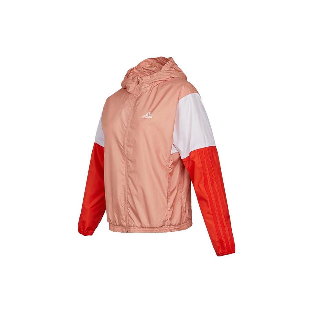 Adidas Color Block Logo Print Sports Hoodie Jacket Women Jackets Orange Pink H09721