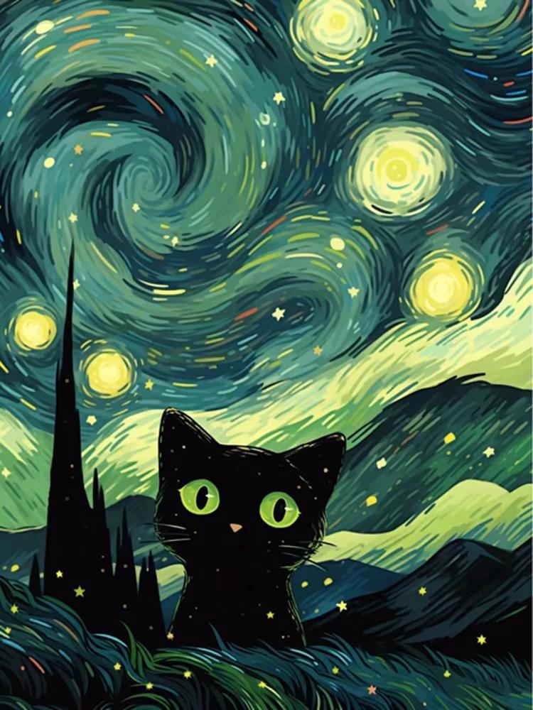 Abstrakt Stjärnhimmel och Svart Katt Affischer och Tryck Canvas Målning Väggkonst Bilder För Vardagsrum Hem Mural Dekoration Gåva