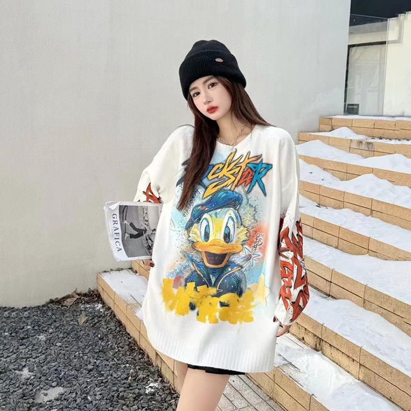 European Trendy Cartoon Drill Embellished Loose Sweater - Autumn/Winter Women's Lazy Style Top