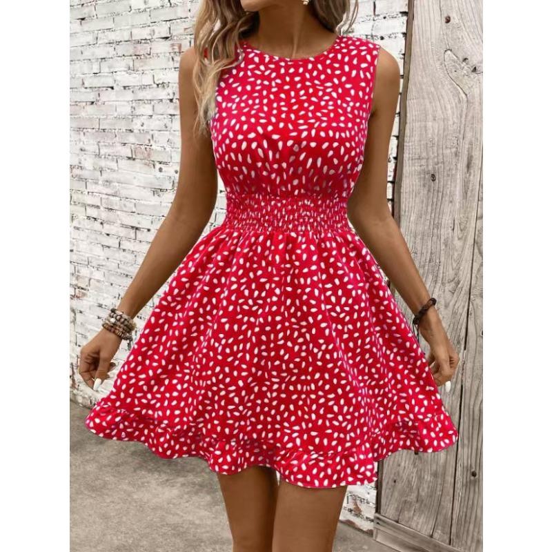 European and American summer new women s fashion round neck sleeveless sexy waist print dress S красный