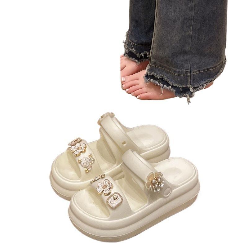 High-heeled sandals women's summer fashion outer wear cute flower pearl platform two wear beach non-slip cool slippers