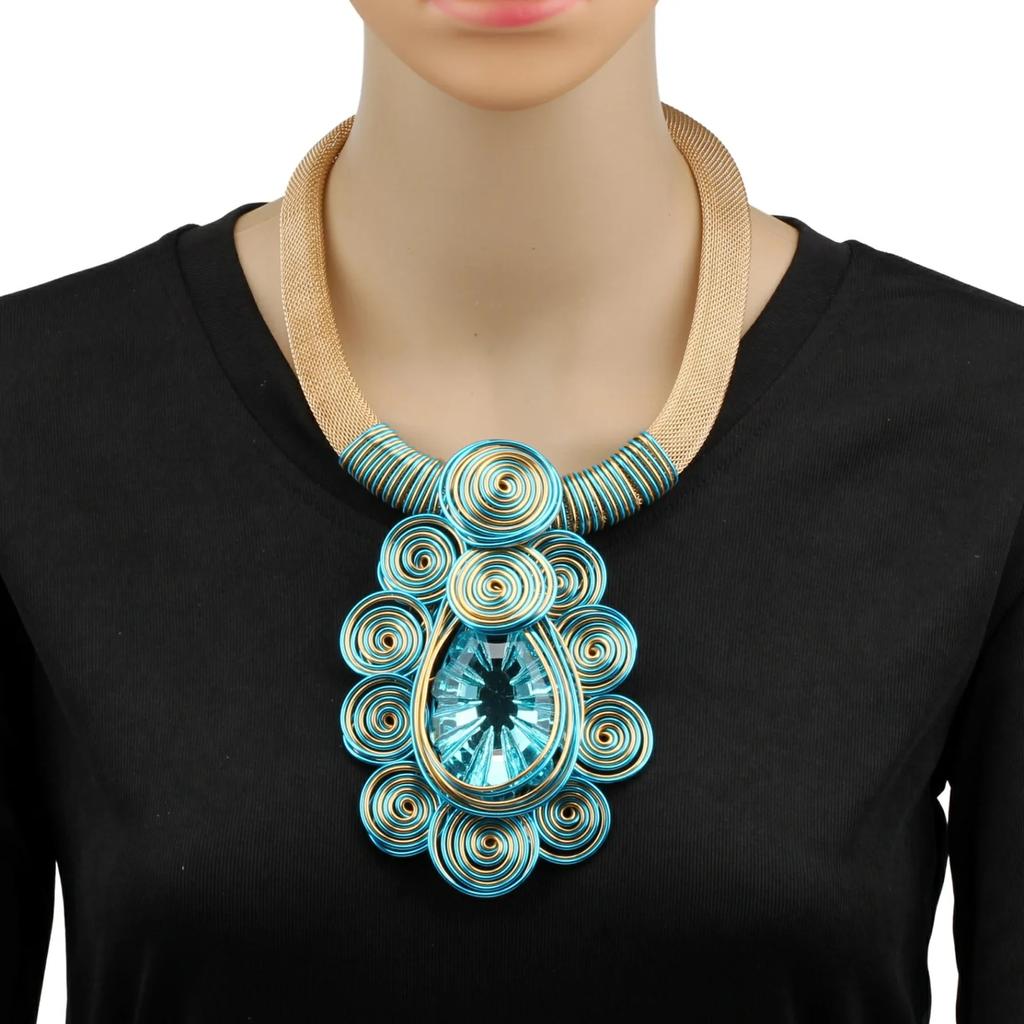 Crystal Pendant Necklace Earrings for Women Chunky Statement Flower Festival Ethnic Tribal Jewelry Accessories