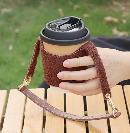 Plush Coffee Cup Sleeve with Removable Hand Strap – Winter Warm Cup Holder for Hot Drinks, Hook and Loop Closure