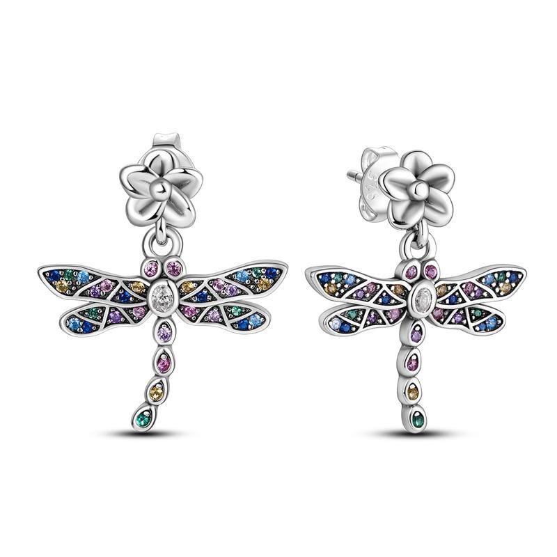 Fashion Spring Series Earrings For Women 925 Silver Color Butterfly Dragonfly Flower Heart Shaped Ear Studs Fine Jewelry Couple
