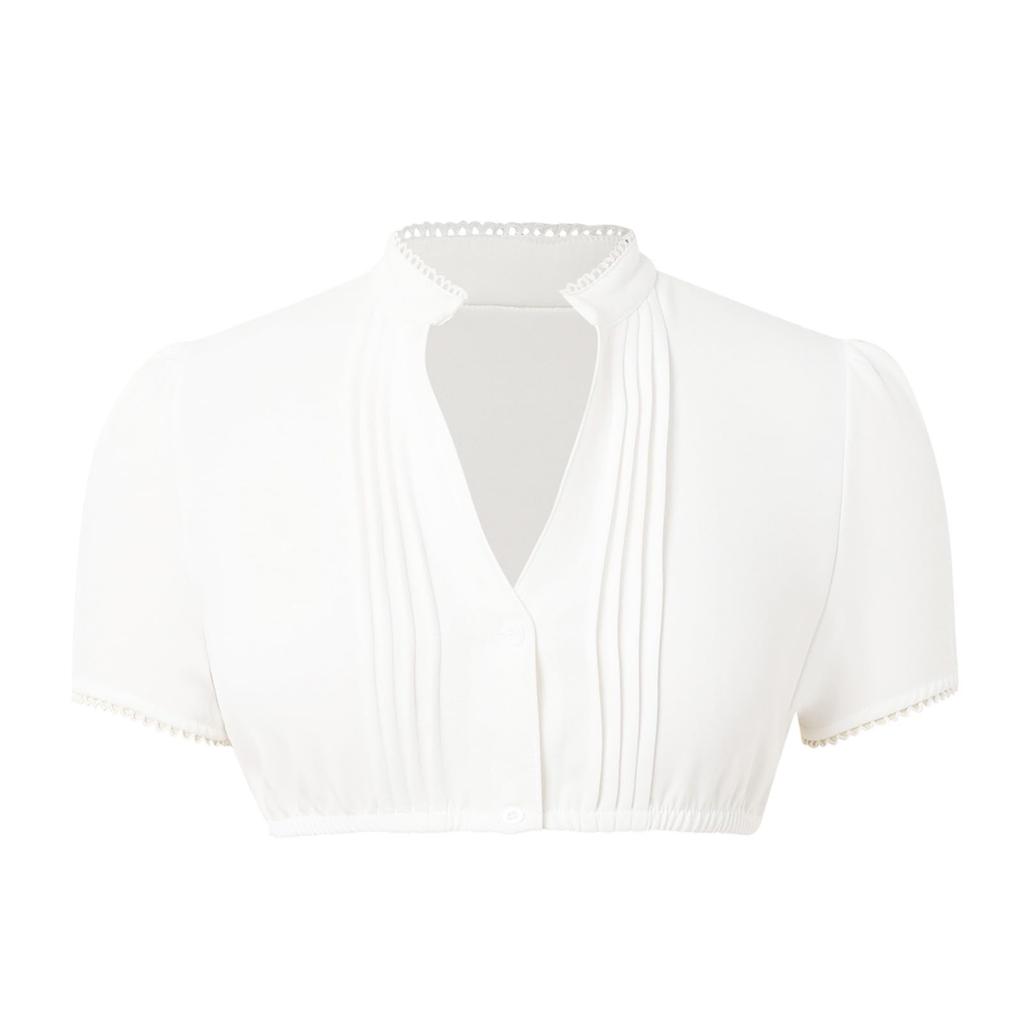 Women Short Sleeve Cropped Blouse V Neck Pleated Front Button Down Top with Decorative Trim for Casual or Festival Wear