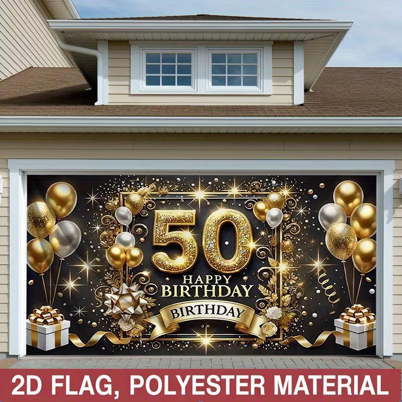 2D Black Gold Happy 50th Birthday Backdrop Glitter Balloon Party Decoration Banner