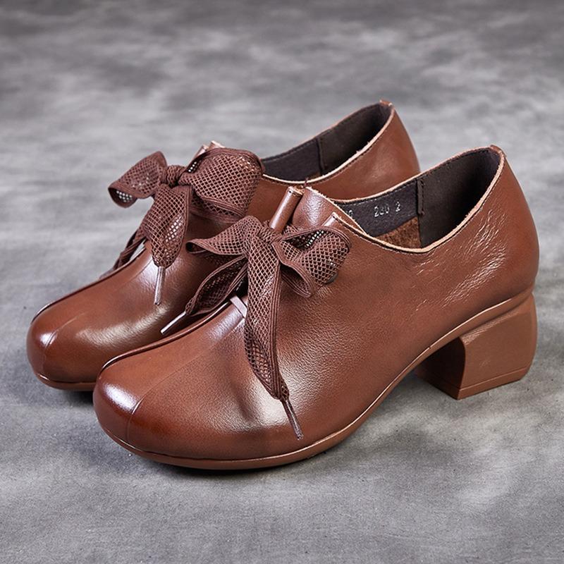 

Single shoes women s outer wear autumn lace-up thick heel soft sole medium and small leather shoes first layer cowhide retro women s shoes 41 темно-коричневого кольору
