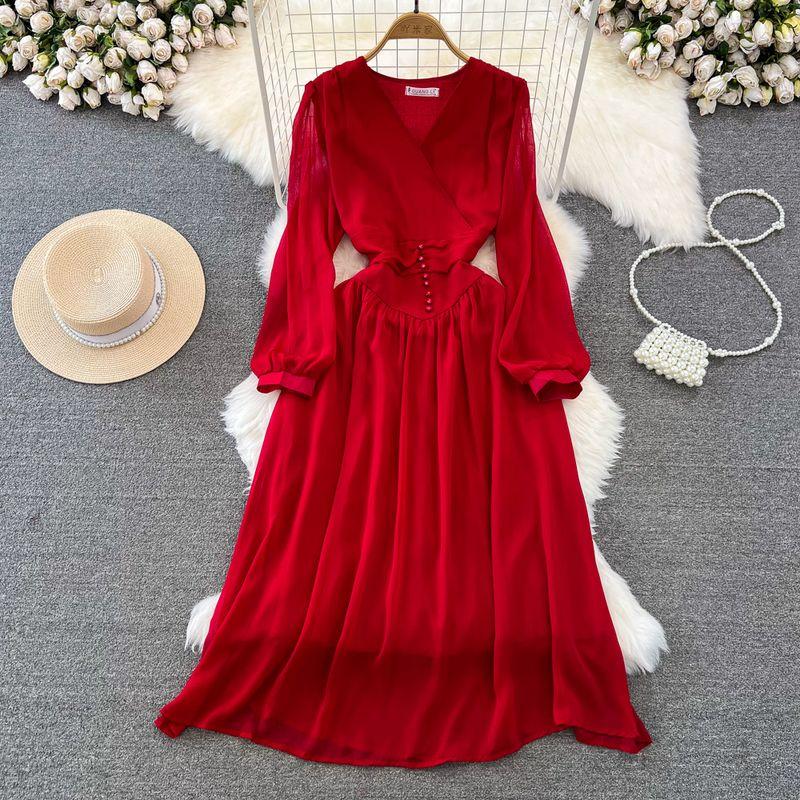 Spring and Autumn French Tea Break First Date Bubble Chiffon Dress