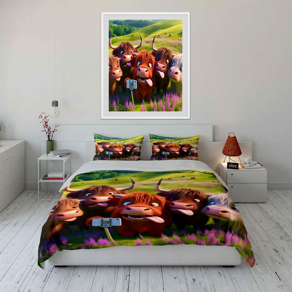 Funny Highland Cows Selfie Bedding Duvet Cover Set  (1*Duvet Cover 2*Pillowcases, without duvet insert)