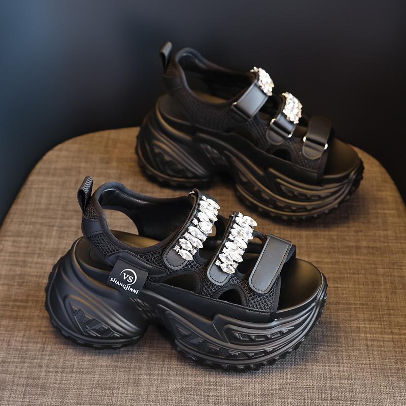 Mode 8cm Mesh Synthetikleder Klobige Sandalen Sommer Damen Plateau Keil Kristall Sportliche Sneaker Damen Gladiator Sandalen Frau