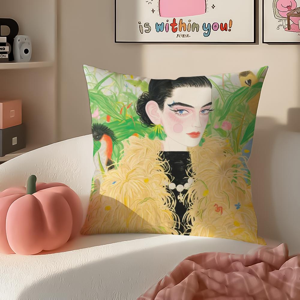 Fashion Illustration Cushion Cover Pillowcase Short Plush Invisible zipper Room Sofa Cushion Cover