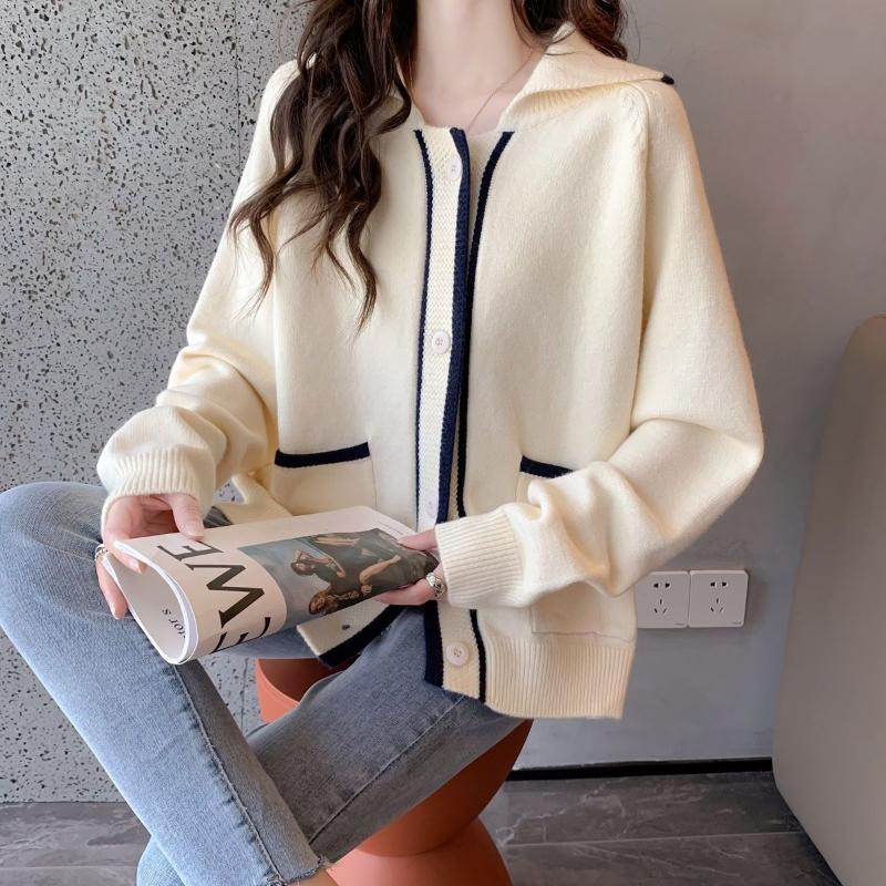 

Осень и зима Вязаный свитер Кардиган Женщины Корейская Свободная Сутулость Универсальный Длинный Рукав КонтрастНый Кардиган Свитер Верхнее пальто