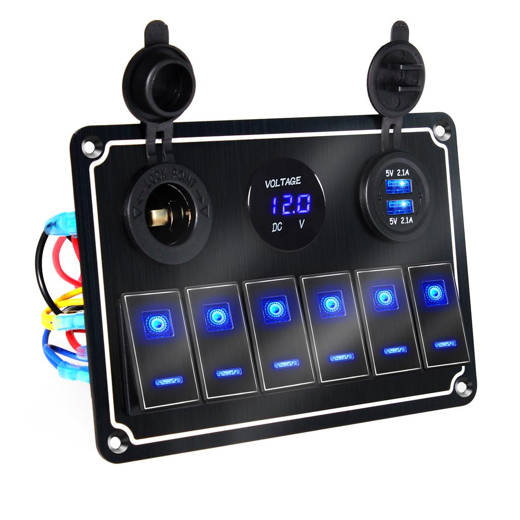 2/4/6/8 Group Waterpoof Switch Panel Dual USB Socket Digital Voltmeter Cigarette Lighter Power Outlet Dual Blue Light 12/24V