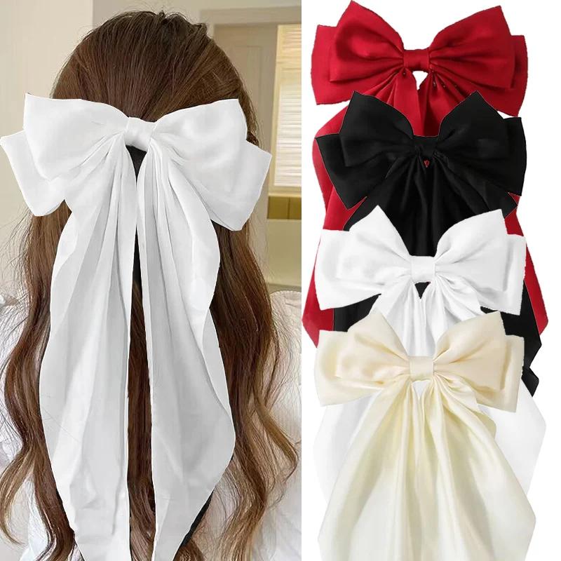 Solid Bow Ribbon Hair Clips Women Elegant Bowknot Satin Hairpins Barrettes Girls Ponytail Clip Spring Summer Hair Accessories