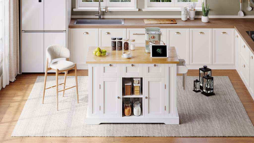 132cm Mobile Kitchen Table, Country House Style, Foldable Countertop, Multifunctional Cabinet, Spice Rack, Towel Holder, 4 Wheels, Integrated Socket