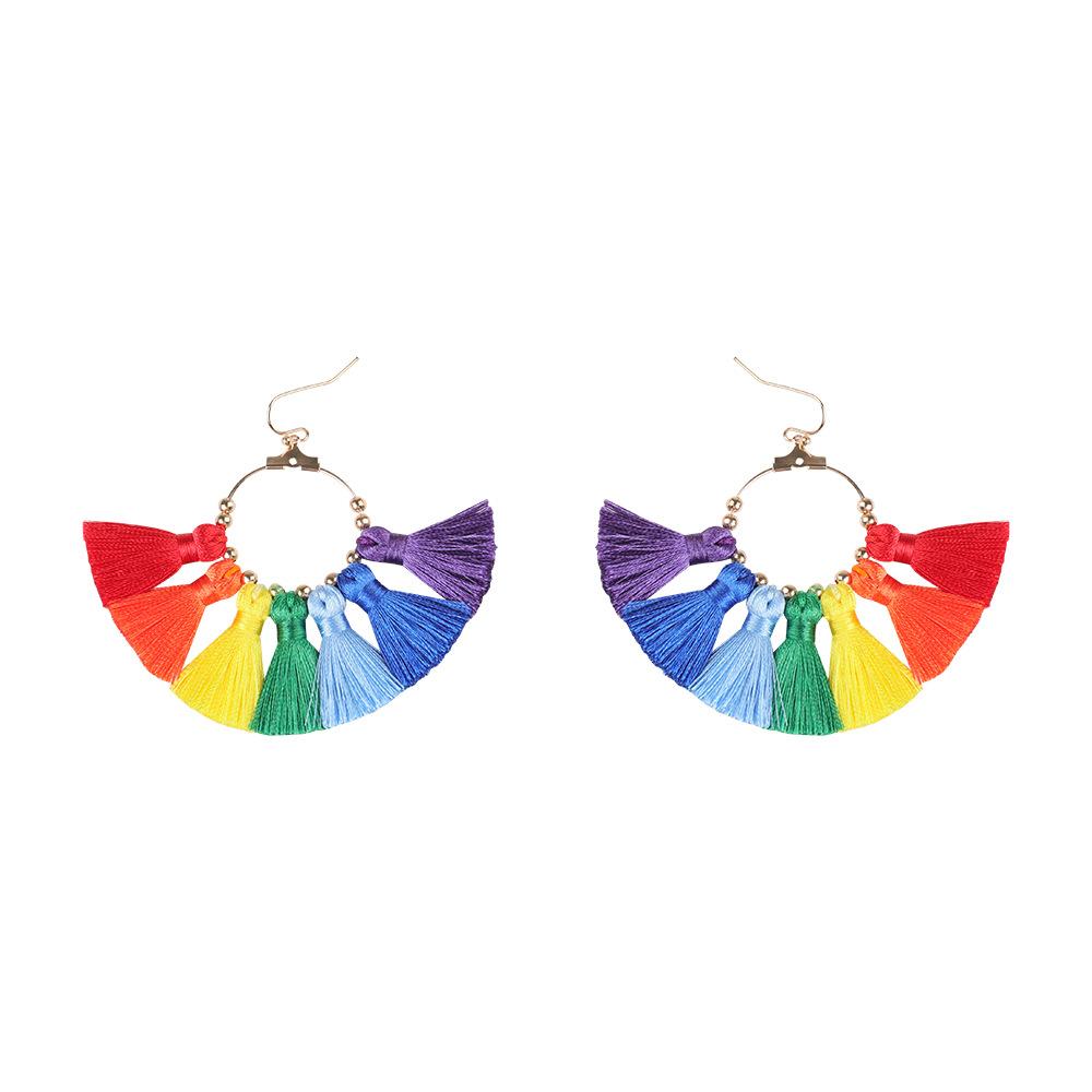 Rainbow ethnic style party earrings handmade fan-shaped colored woven fringed earrings Independence Day earrings