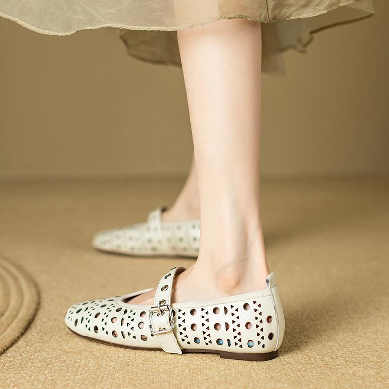 2024 New Spring Summer Women Flats Concise Retro Buckle Strap Genuine Leather Mary Janes Hollow Out Casual Working Shoes Woman
