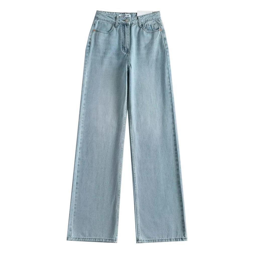 Women's Retro High-Waisted Wide-Leg Denim Pants - Washed, Loose, Floor-Length, Casual Designer Style