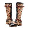Johnature Handpainted Genuine Leather Women Long Boots Retro Floral Lace Up Belt Buckle Mid-calf Boots