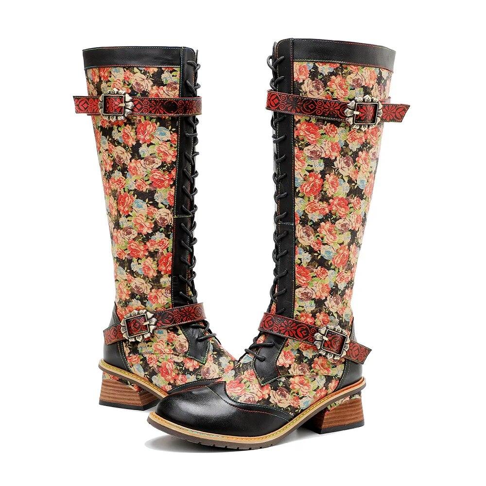 Johnature Handpainted Genuine Leather Women Long Boots Retro Floral Lace Up Belt Buckle Mid-calf Boots