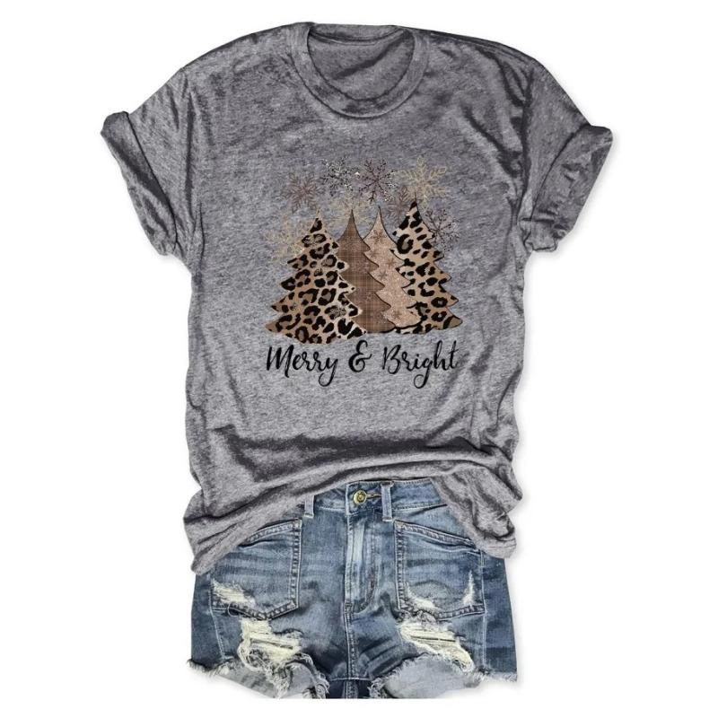 Letní dámská trička s krátkým rukávem, módní, ležérní, s 3D potiskem vánočního stromku a kulatým výstřihem