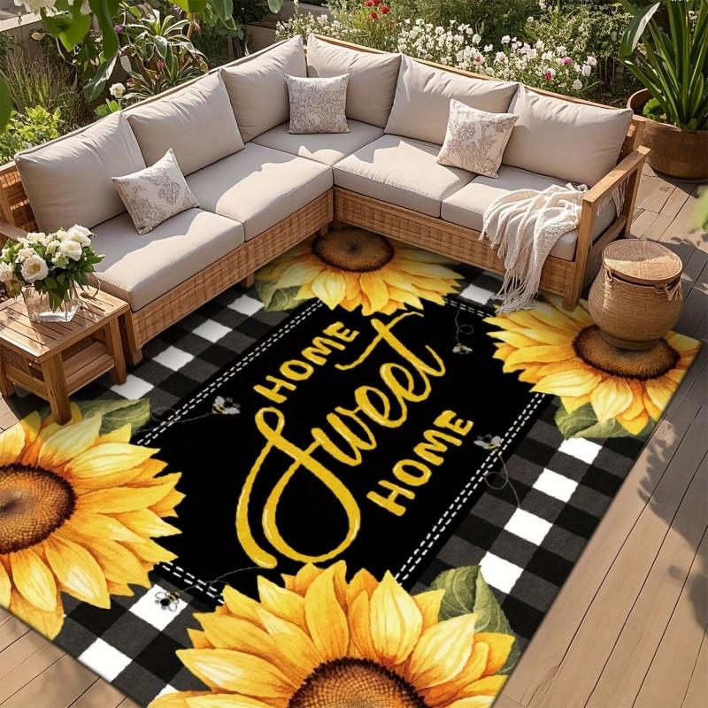 Dark Background Sunflower Floral Large Area Rug Yellow Daisy Non Slip Living Room Floor Carpet