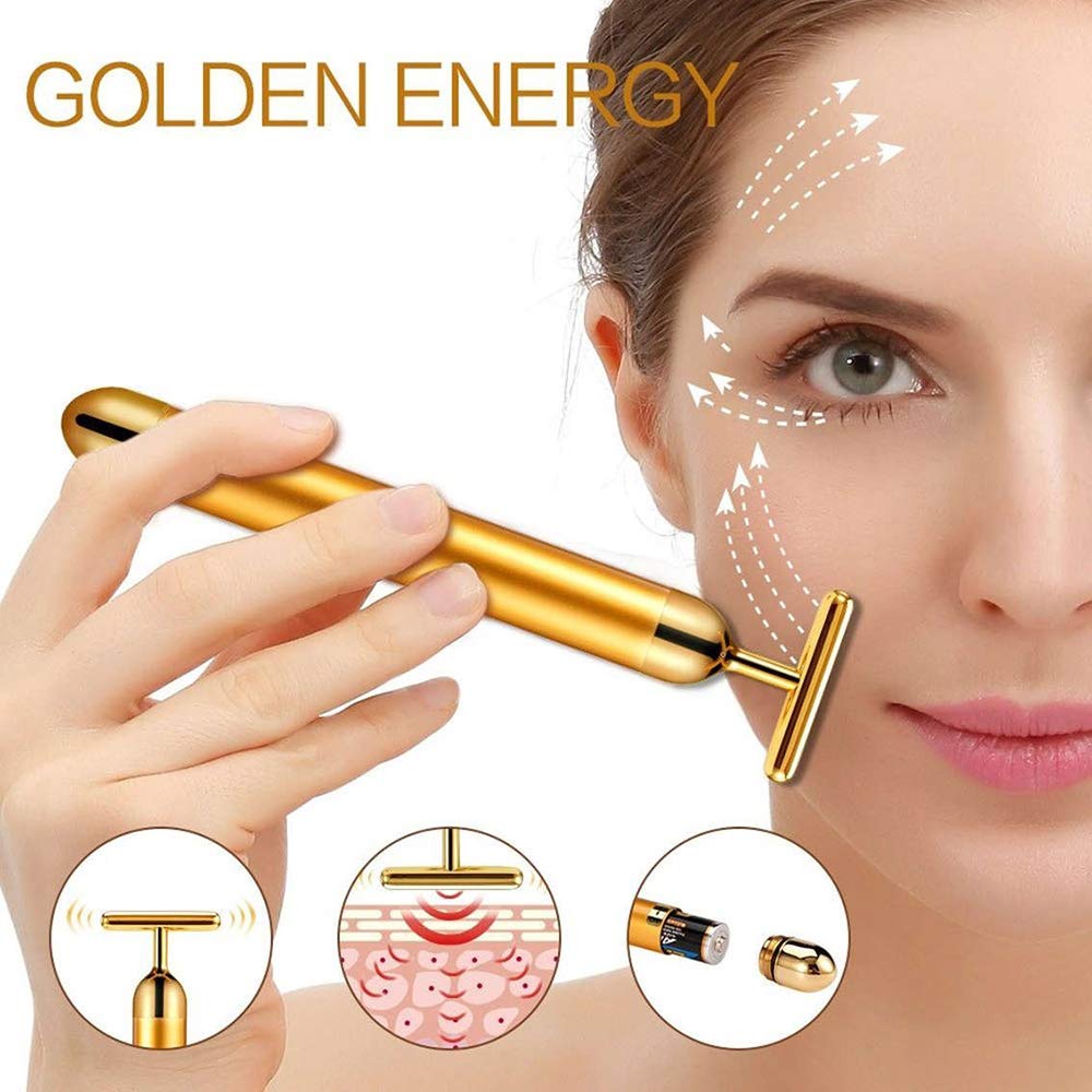24k Gold Face Lift Bar Roller Vibration Schlankheitsmassagegerät Gesichtsstab Gesichtsschönheit Hautpflege T-förmiges Vibrationswerkzeug mit Beutel