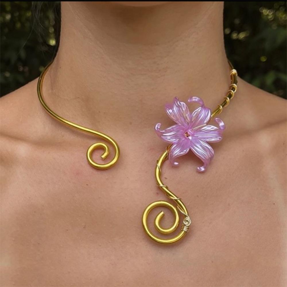 Flower Pattern Collar Necklace Colorful Women Necklace Vintage Iris Flower Necklace