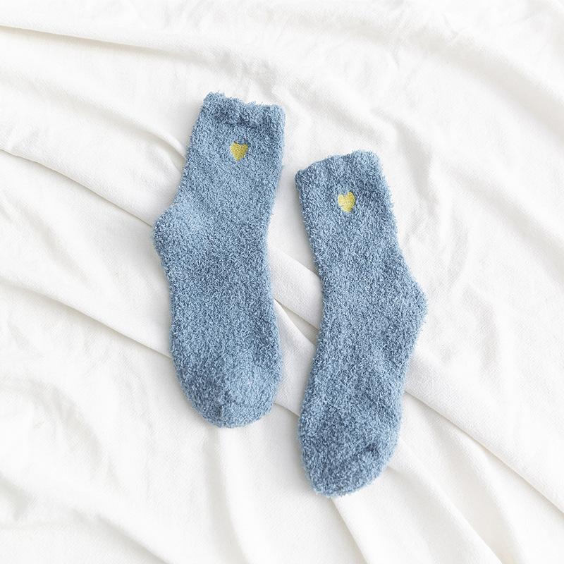 Home Indoor Cozy Floor Socks Winter Warm Soft Coral Fleece Socks Cute Heart Embroidery Thick Socks Fluffy Terry Short Sox Female