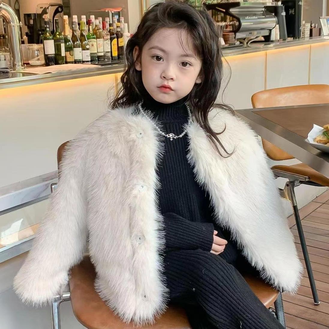 

Детская меховая куртка на осень-зиму для девочек, универсальный детский меховой топ однотонного цвета с круглым вырезом и круглым воротником 150cm бежевый