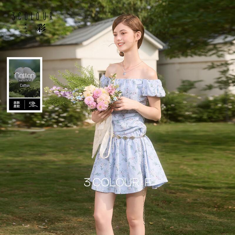 Sancai Off-Shoulder Plaid Floral A-Line Mini Dress S