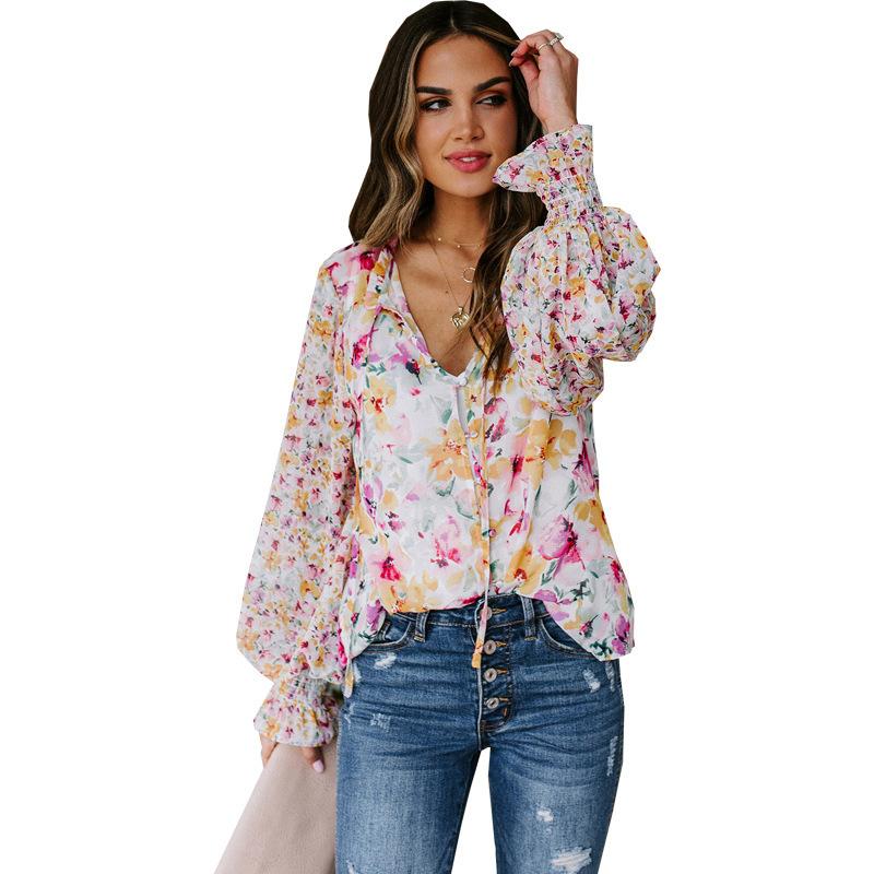 women's Ruffled V Neck Floral Printed Puff Long Sleeve Blouse Casual Loose Fit Shirt Top