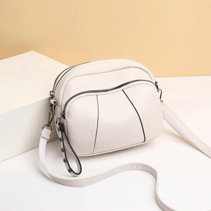 Solid Color Fashionable Rivet Zipper Women'S Mobile Phone Bag Simple Soft Leather Shoulder Crossbody Small Square Bag Handbag