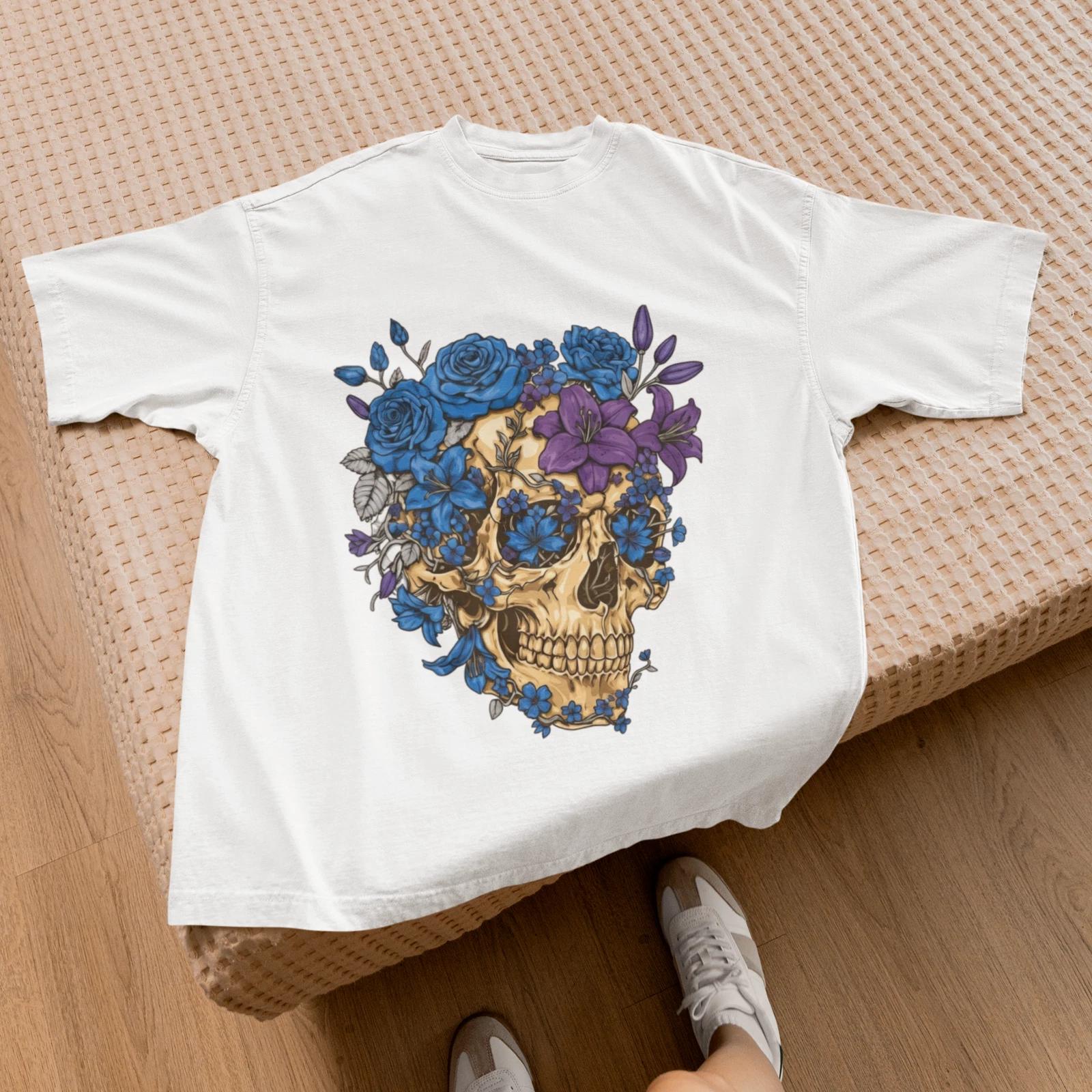 Floral Skull T-Shirt Red Pink Flowers Skull Graphic Tee Boho Gothic Shirt S