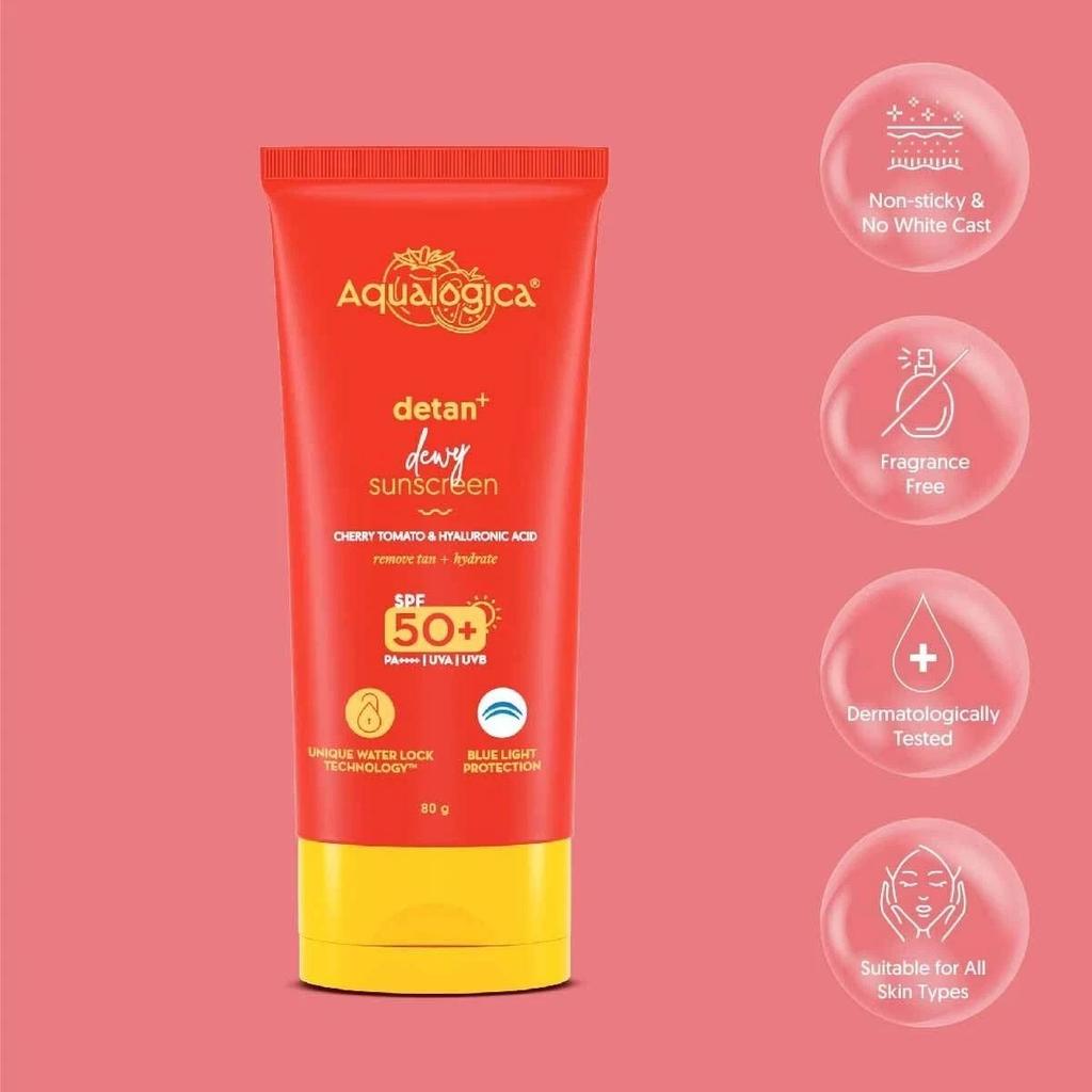 Aqualogica Detan+ Dewy Sunscreen with Cherry Tomato with SPF 50 & PA++++ 80g