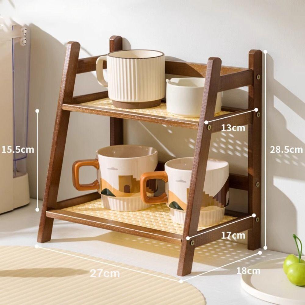 Wooden Storage Shelf Rattan 2-Tiers Desktop Organizer Display Stand Multifunctional Stationary Rack for Kitchen Bedroom Office